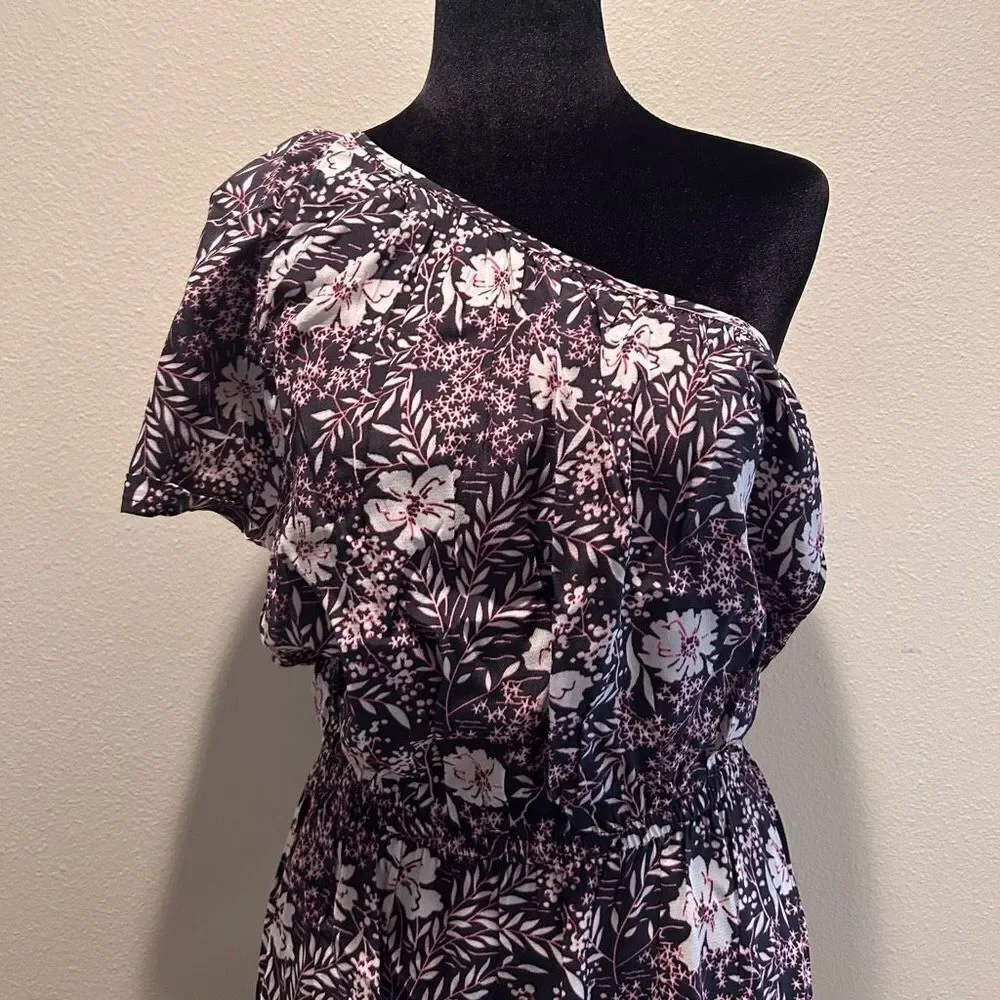 NWT Medium Bobi Black Floral One Shoulder Ruffle Dress​